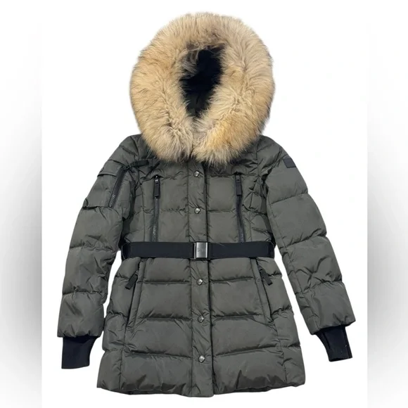 SAM.***Long Olive Green Belt Puffer Jacket Hooded w/Fur Trim***Size 10 $495 EUC - Picture 4 of 9